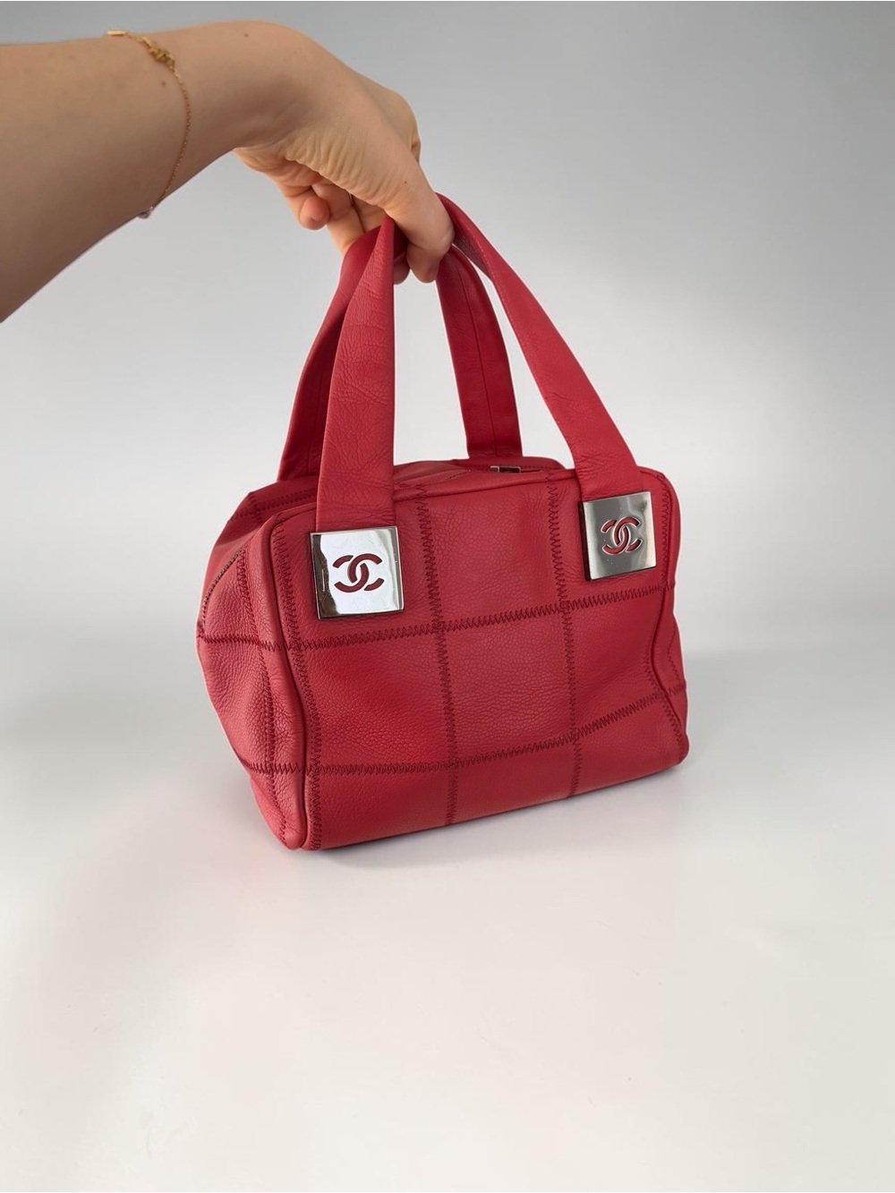 Chanel 2004 Vintage Small Square Quilt Red Leather Bowler Bag / Great Condition